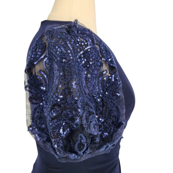 Lauren Ralph Lauren Sequined Puff Sleeve Evening Dress Gown Size 8 Navy Blue - Picture 2 of 7